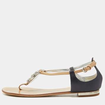 Pre Owned Giuseppe Zanotti Brown/Navy Blue Leather and Satin Ankle Strap Sandals Size 39.5