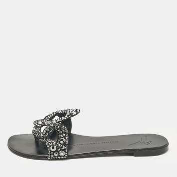 Pre Owned Giuseppe Zanotti Black Suede Crystal Embellished Flat Slides Size 37