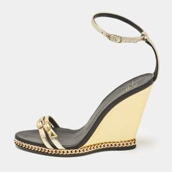 Pre Owned Giuseppe Zanotti Gold Leather Ankle Strap Sandals Size 36