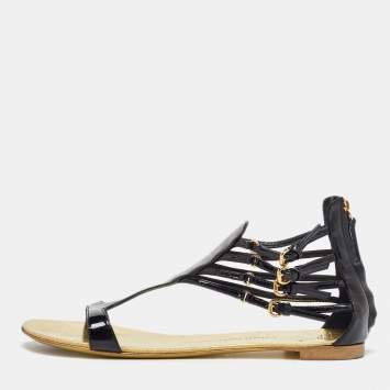 Pre Owned Giuseppe Zanotti Black Patent Leather Ankle Strap Flat Sandals Size 40