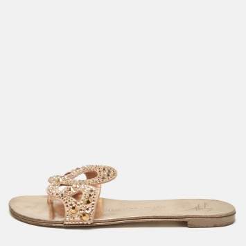 Pre Owned Giuseppe Zanotti Gold Crystal Embellished Suede Turchesite Flat Slides Size 37