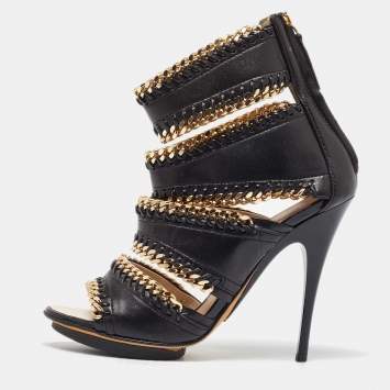 Giuseppe Zanotti Black Leather Chain Embellished Trim Cut Out Sandals Size 35.5