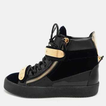 Pre Owned Giuseppe Zanotti Blue/Black Velvet and Leather Coby High Top Sneakers Size 38