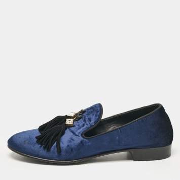 Pre Owned Giuseppe Zanotti Blue Velvet Embellished Tassels Smoking Slippers Size 40