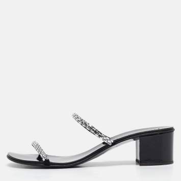 Pre Owned Giuseppe Zanotti Black Crystal Embellished Suede Slide Sandals Size 38.5