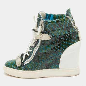 Pre Owned Giuseppe Zanotti Green/White Python Embossed Patent Leather and Suede Coby Wedge Sneakers Size 40