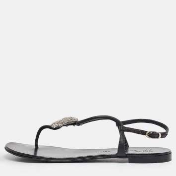 Pre Owned Giuseppe Zanotti Black Leather Emmy Lou Flat Sandals Size 38.5