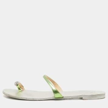 Pre Owned Giuseppe Zanotti Green Leather Crystal Embellished Toe Ring Flat Slides Size 41