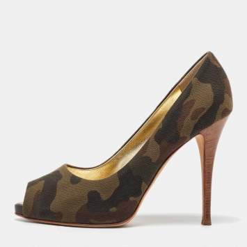 Pre Owned Giuseppe Zanotti Green Camouflage Canvas Peep Toe Pumps Size 40
