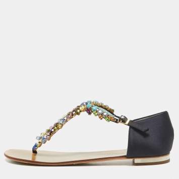Pre Owned Giuseppe Zanotti Navy Blue Satin Crystal Embellished T-Strap Flat Sandals Size 40
