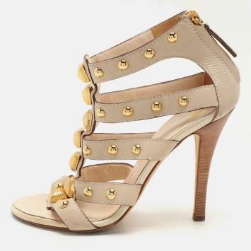 Pre Owned Giuseppe Zanotti Beige Leather Embellished Ankle Strap Sandals Size 36.5