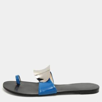 Pre Owned Giuseppe Zanotti Blue Patent Leather Toe Ring Flat Sandals Size 41