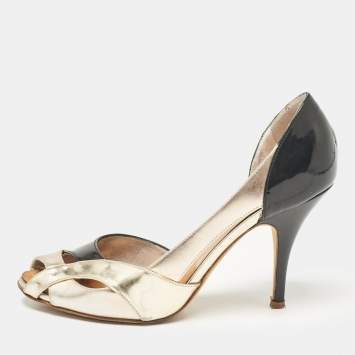 Pre Owned Giuseppe Zanotti Gold/Black Leather and Patent D'orsay Pumps Size 37