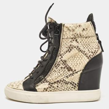 Pre Owned Giuseppe Zanotti Cream/Black Leather and Python Embossed Leather Coby Sneakers Size 36.5
