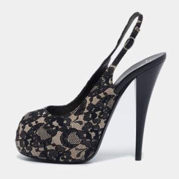Pre Owned Giuseppe Zanotti Black/Beige Lace Peep Toe Slingback Platform Sandals Size 39