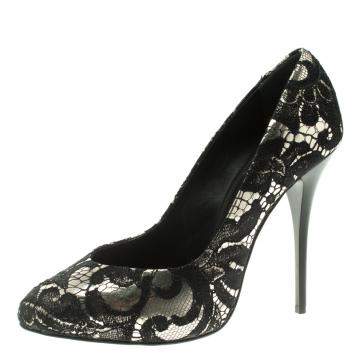 Pre Owned Giuseppe Zanotti Silver Metallic Leather and Black Lace Pumps Size 37