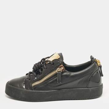 Pre Owned Giuseppe Zanotti Black Leather and Patent Leather Frankie Lace Up Sneakers Size 36
