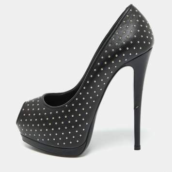 Pre Owned Giuseppe Zanotti Black Leather Studded Peep Toe Platform Pumps Size 37