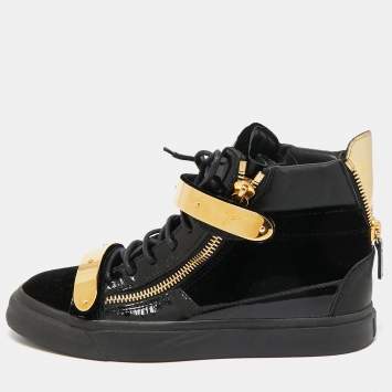 Pre Owned Giuseppe Zanotti Black Velvet And Patent Leather Coby High Top Sneakers Size 39