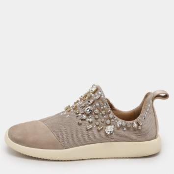 Pre Owned Giuseppe Zanotti Grey/Beige Crystal Embellished Suede And Mesh May London Slip On Sneakers Size 39
