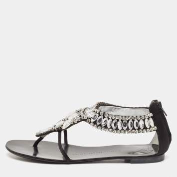 Pre Owned Giuseppe Zanotti Black Satin Crystal Embellished Ankle Strap Flat Sandals Size 36.5
