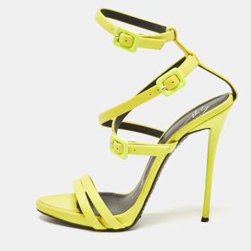 Giuseppe Zannotti Neon Green Leather Criss Cross Ankle Strap Sandals Size 37.5