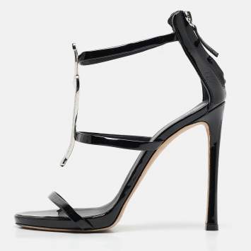 Pre Owned Giuseppe Zanotti Black Patent Leather Crystal Embellished Harmony G Sandals Size 38