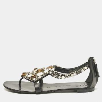 Pre Owned Giuseppe Zanotti Black Leather Crystal Embellished Flat Sandals Size 40