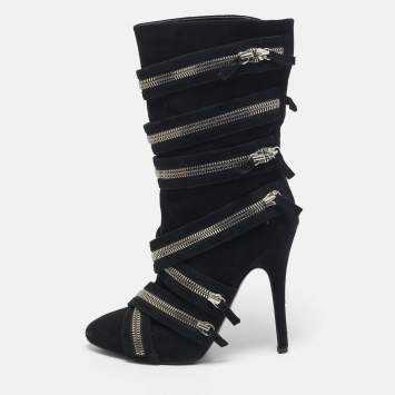 Pre Owned Giuseppe Zanotti x Balmain Black Suede Zip Embellished Midcalf Boots Size 39