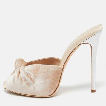 Pre Owned Giuseppe Zanotti Beige Velvet Knotted Mule Sandals Size 39.5