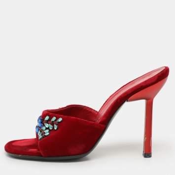 Pre Owned Giuseppe Zanotti Red Velvet Crystal Embellished Sandals Size 37