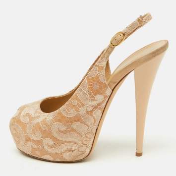 Pre Owned Giuseppe Zanotti Beige Lace Peep-Toe Slingback Sandals Size 40