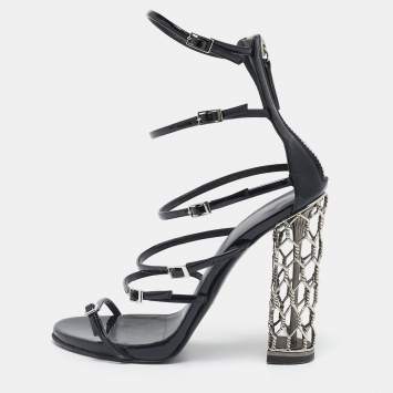 Pre Owned Giuseppe Zanotti Black Patent Leather Lauren Metal Cage Heel Strappy Sandals Size 38.5
