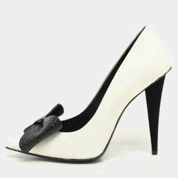 Pre Owned Giuseppe Zanotti White/Black Patent Leather and Croc Embossed Leather Bow Pumps Size 38