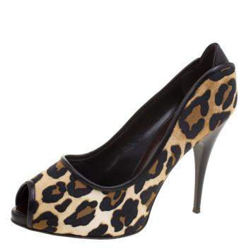 Pre Owned Giuseppe Zanotti Leopard Print Canvas Peep Toe Pumps Size 38.5