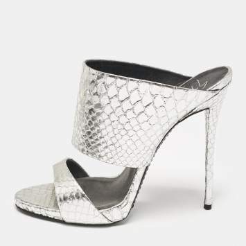 Pre Owned Giuseppe Zanotti Silver Snakeskin Embossed Leather Andrea Sandals Size 39