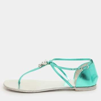 Giuseppe Zanotti Green Leather Embellished Flat Sandals Size 36