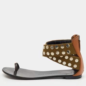 Giuseppe Zanotti Multicolor Studded Canvas and Leather Toe Ring Flat Sandals Size 38
