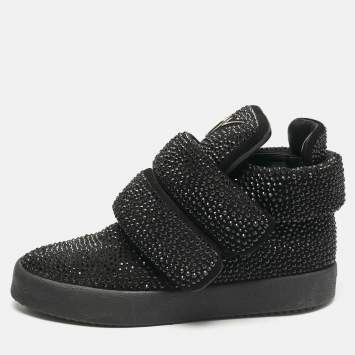 Giuseppe Zanotti Black Suede Crystal Embellished Puff Strap High Top Sneakers Size 42.5