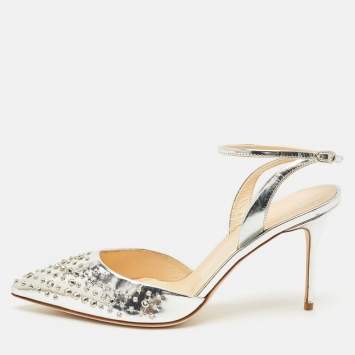 Giuseppe Zanotti Silver Foil Leather Studded Ankle Strap Pumps Size 38.5