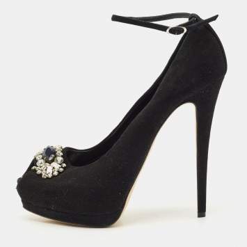 Pre Owned Giuseppe Zanotti Black Suede Crystal Embellished Ankle Strap Peep Toe Platform Pumps Size 39.5