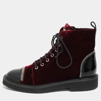 Giuseppe Zanotti Burgundy/Black Velvet and Patent Leather Ankle Boots Size 39.5   