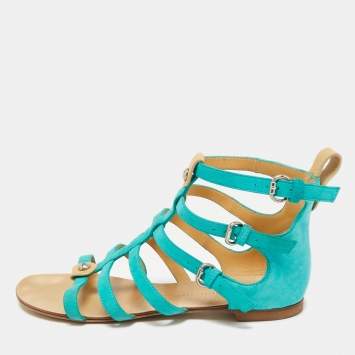 Giuseppe Zanotti Blue Suede Strappy Flat Sandals Size 38.5