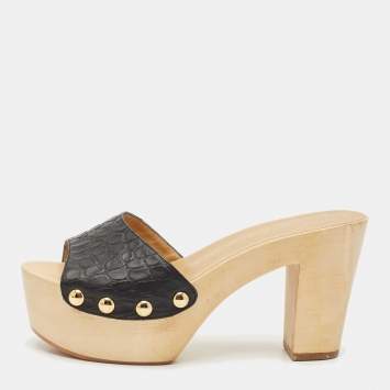 Pre Owned Giuseppe Zanotti Black Croc Embossed Leather Platform Clogs Size 38