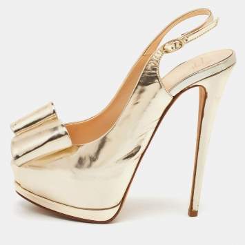 Pre Owned Giuseppe Zanotti Metallic Gold Leather Bow Embellished Platform Slingback Pumps Size 38.5