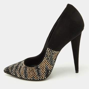 Pre Owned Giuseppe Zanotti Black Suede Crystal Embellished Pointed Toe Pumps Size 38