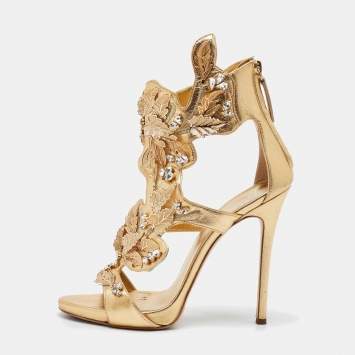 Pre Owned Giuseppe Zanotti Gold Leather Coline Embellished Sandals Size 38