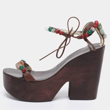 Pre Owned Giuseppe Zanotti Brown Leather Beads and Stone Embellished Wedge Sandals Size 38