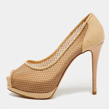 Pre Owned Giuseppe Zanotti Beige Mesh and Lizard Embossed Leather Peep Toe Platform Pumps Size 36