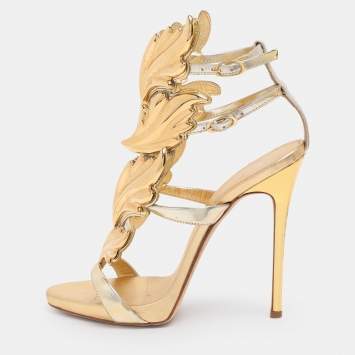 Pre Owned Giuseppe Zanotti Gold/Silver Leather Argent Metal Wing Ankle-Strap Sandals Size 37.5